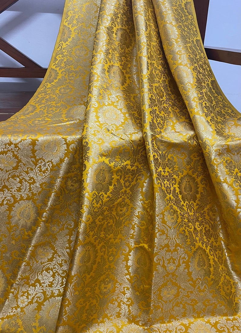 Indian Banarasi Brocade fabric in Yellow and Gold color, Multiple lengths will come in the continuous piece - NF409