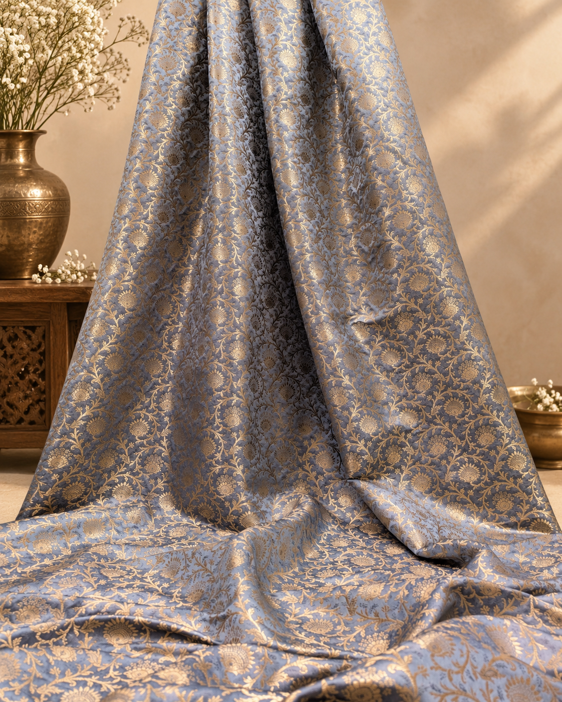 Brocade Fabric Jacquard Damask Grey Gold Wedding Dress fabric Rayon silk brocade Renaissance fabric Fabric by the yard/meter - NFAF41