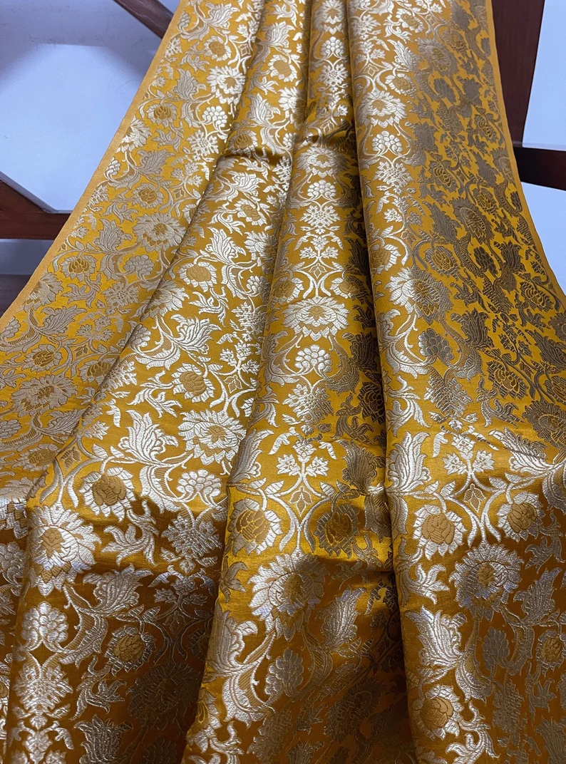 Indian Banarasi Brocade Fabric in Mustard and light gold fabric Color, Multiple Length will come in a continuous Piece - NF428