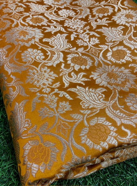 Indian Banarasi Brocade Fabric in Mustard and light gold fabric Color, Multiple Length will come in a continuous Piece - NF428