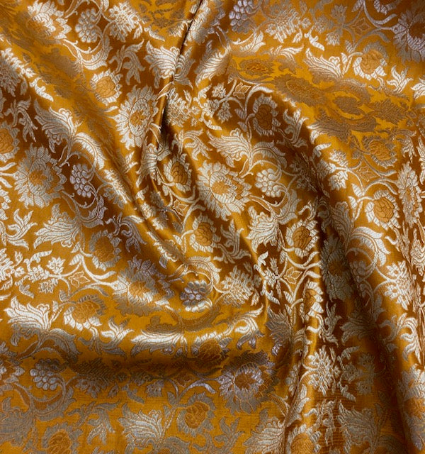 Indian Banarasi Brocade Fabric in Mustard and light gold fabric Color, Multiple Length will come in a continuous Piece - NF428