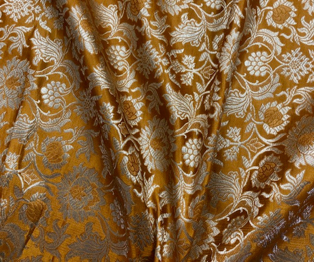 Indian Banarasi Brocade Fabric in Mustard and light gold fabric Color, Multiple Length will come in a continuous Piece - NF428