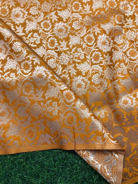 Indian Banarasi Brocade Fabric in Mustard and light gold fabric Color, Multiple Length will come in a continuous Piece - NF428