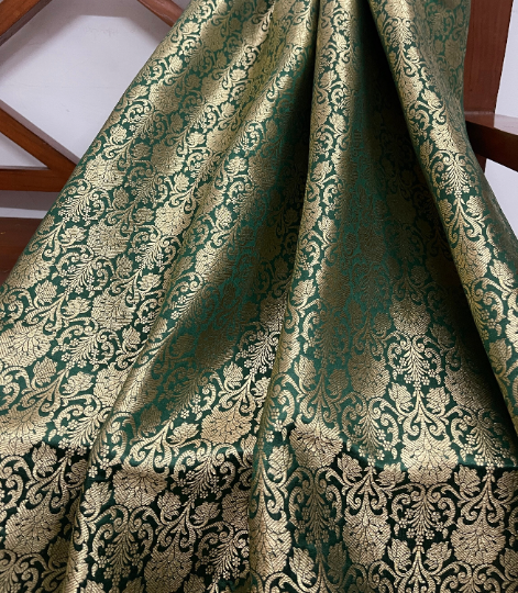 Indian Banarasi Brocade Fabric in Green and Gold color, Multiple lengths will come in the continuous Piece - NF433