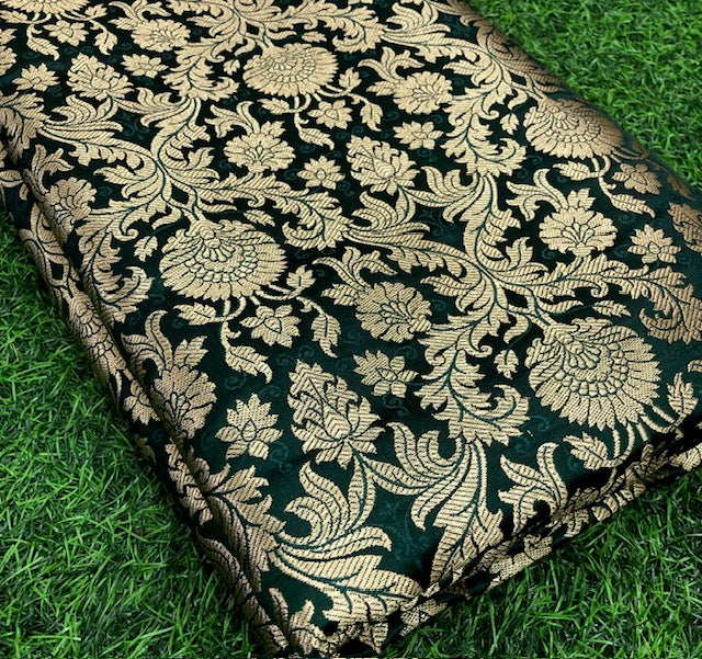 Indian Banarasi Brocade Fabric in Green and Gold color, Multiple lengths will come in the continuous piece - NF445