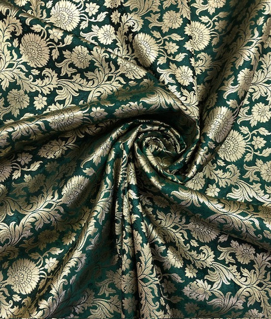 Indian Banarasi Brocade Fabric in Green and Gold color, Multiple lengths will come in the continuous piece - NF445