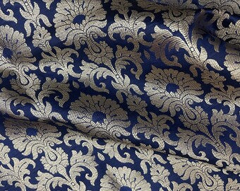 Indian Banarasi Brocade fabric in Blue and Gold color, Multiple lengths will come in the continuous piece - NF446