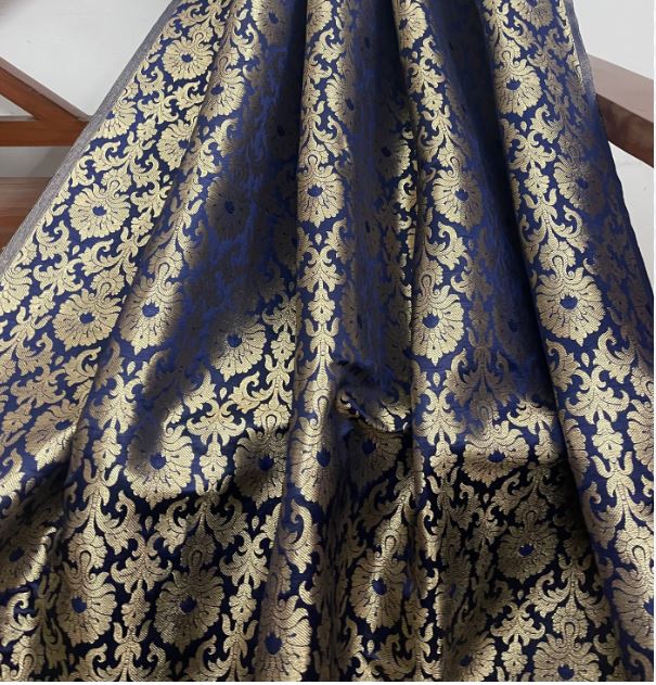 Indian Banarasi Brocade fabric in Blue and Gold color, Multiple lengths will come in the continuous piece - NF446