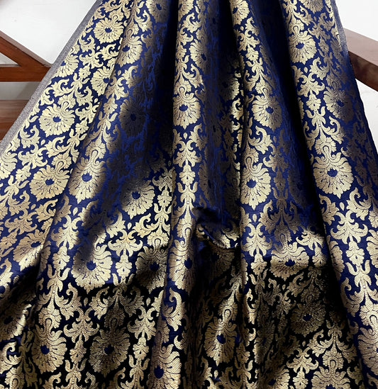 Banarasi Brocade fabric, Blue and Gold Wedding fabric, Home décor fabric, Rayon silk brocade, Jacquard fabric, Historical fabric, Gothic fabric - NFAF446