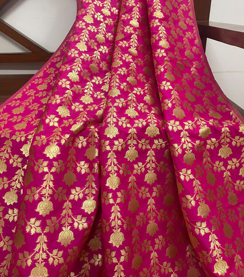 Indian Banarasi Brocade fabric in Pink and Gold color,  Multiple lengths will come in the continuous piece - NF459