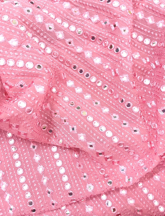 Embroidered fabric Pink Georgette MirrorWork fabric Wedding Bridal dress Fabric Lehenga Salwar Suit Dupatta fabric By the Yard- NFAF460