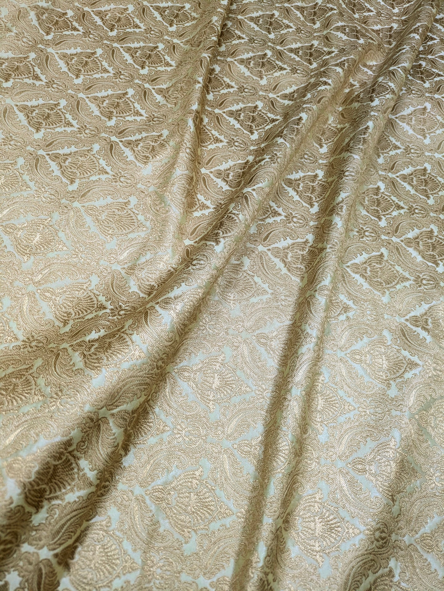 Indian Brocade fabric Sage Green Gold Jacquard fabric Wedding Gold fabric Damask Rayon Silk brocade Upholstery fabric by the yard NFAF46