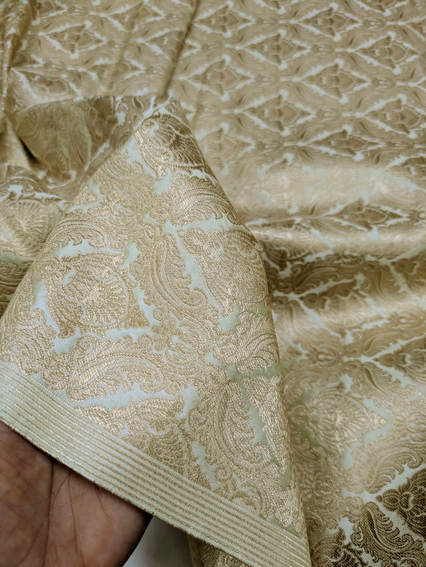 Indian Brocade fabric Sage Green Gold Jacquard fabric Wedding Gold fabric Damask Rayon Silk brocade Upholstery fabric by the yard NFAF46