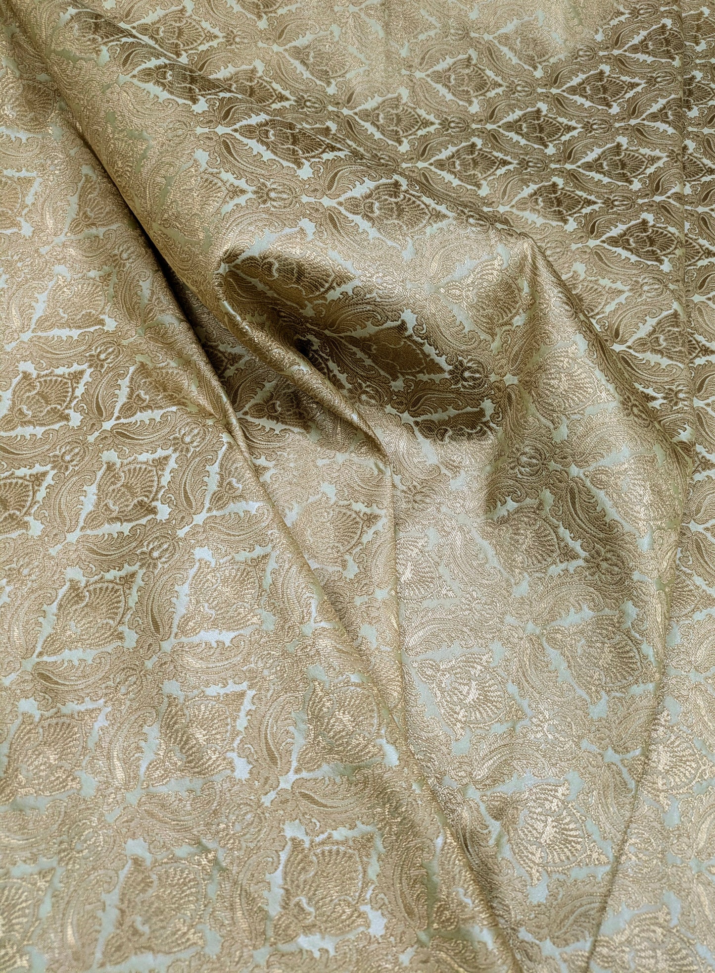 Indian Brocade fabric Sage Green Gold Jacquard fabric Wedding Gold fabric Damask Rayon Silk brocade Upholstery fabric by the yard NFAF46