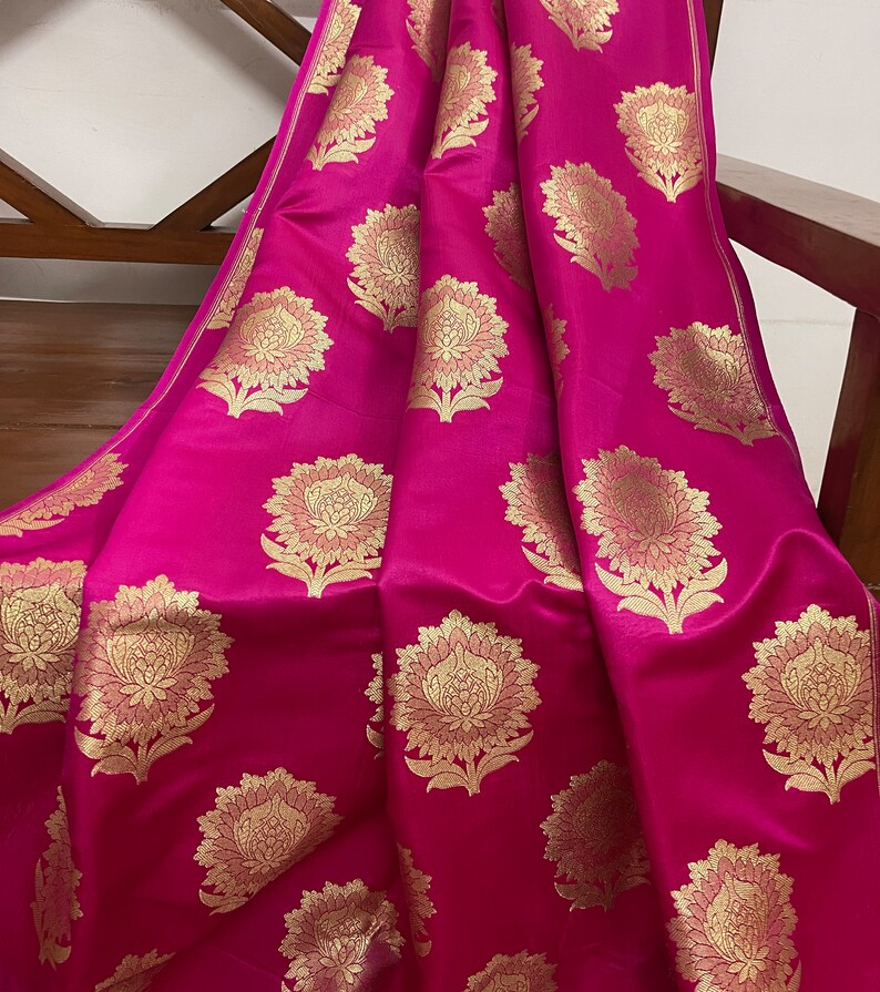 Indian Banarasi Brocade Silk Fabric in Pink and Gold  color, Multiple lengths will come in the continuous piece - NF47