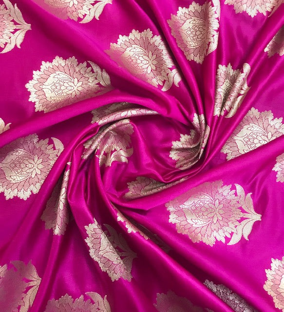 Indian Banarasi Brocade Silk Fabric in Pink and Gold  color, Multiple lengths will come in the continuous piece - NF47