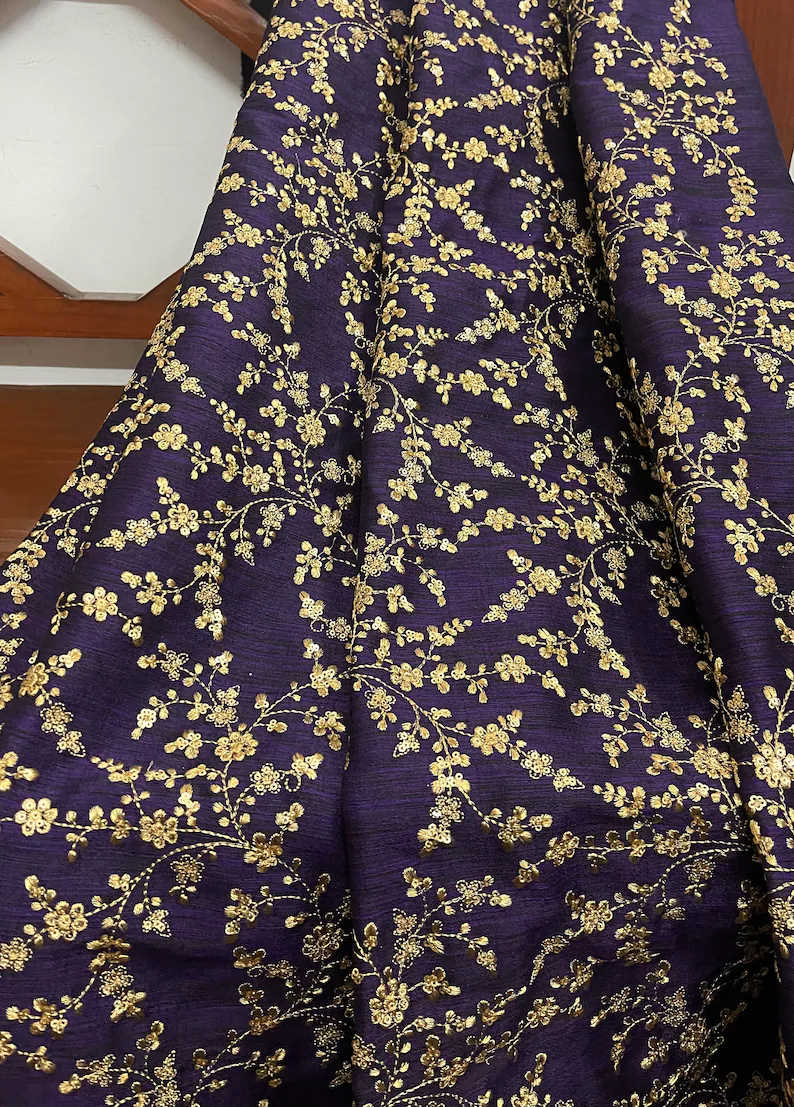 Indian Embroidered Fabric in Dark purple and gold color,  Multiple lengths will come in the continuous piece - NF476