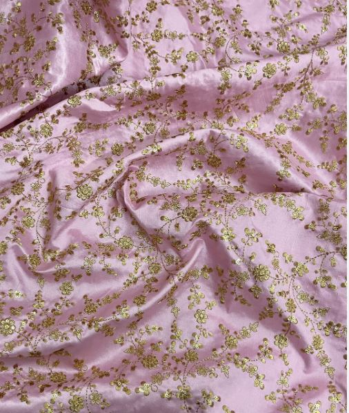 Indian Embroidered Fabric in Pink & Gold Color, Multiple lengths will come in the continuous piece - NF477