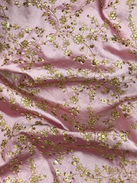 Indian Embroidered Fabric in Pink & Gold Color, Multiple lengths will come in the continuous piece - NF477