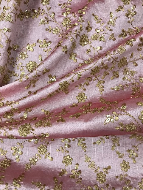 Indian Embroidered Fabric in Pink & Gold Color, Multiple lengths will come in the continuous piece - NF477