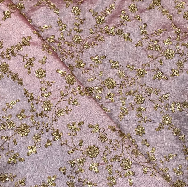 Indian Embroidered Fabric in Pink & Gold Color, Multiple lengths will come in the continuous piece - NF477