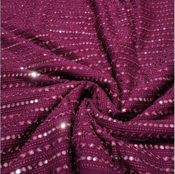 Wine Georgette Foil Mirror Embroidered fabric, Wedding Dress Fabric, Multiple lengths will come in the continuous piece - NF494