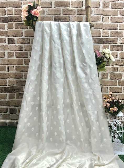 Embroidered Viscose Silk Fabric in White color, Multiple lengths will come in the continuous piece - NF497