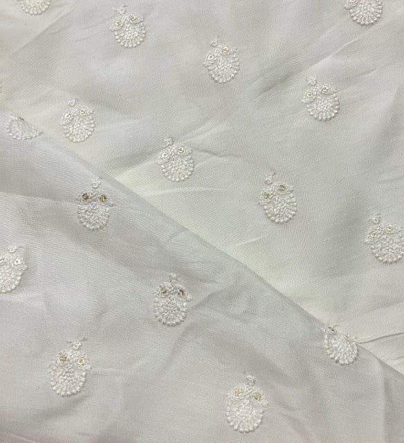 Embroidered Viscose Silk Fabric in White color, Multiple lengths will come in the continuous piece - NF497