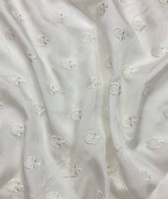 Embroidered Viscose Silk Fabric in White color, Multiple lengths will come in the continuous piece - NF497