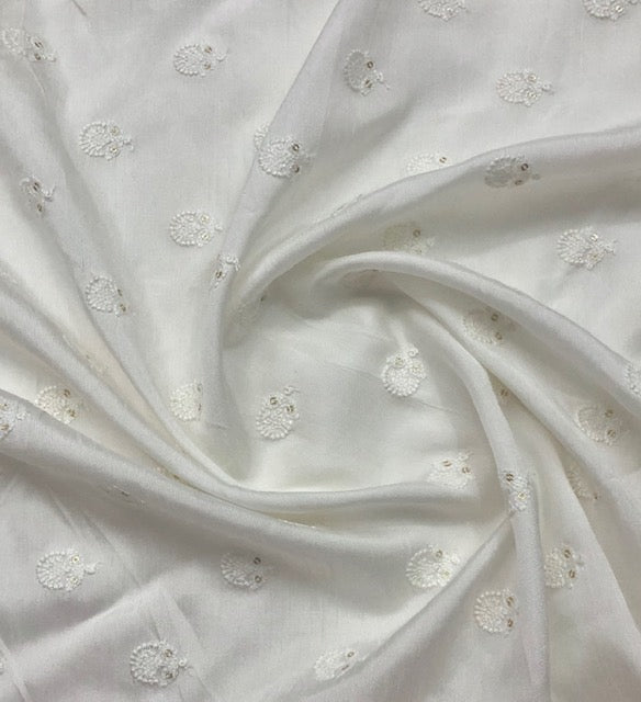 Embroidered Viscose Silk Fabric in White color, Multiple lengths will come in the continuous piece - NF497