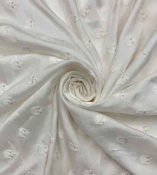 Embroidered Viscose Silk Fabric in White color, Multiple lengths will come in the continuous piece - NF497