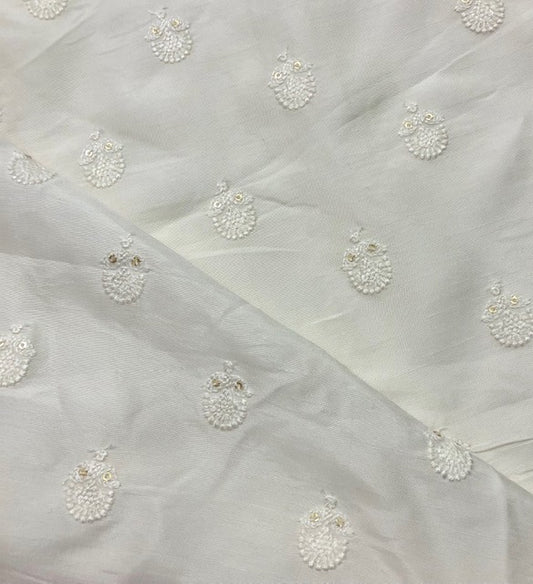 Embroidered fabric, White Wedding dress fabric, Bridesmaid dress, Floral design, Thread embroidery, Indian fabric, Handmade, Embroidery design - NFAF497