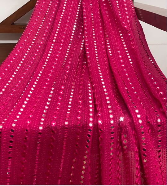 Fuchsia Georgette Foil Mirror Embroidered Fabric, Bridal Wedding Dress Fabric, Multiple lengths will come in the continuous piece - NF504