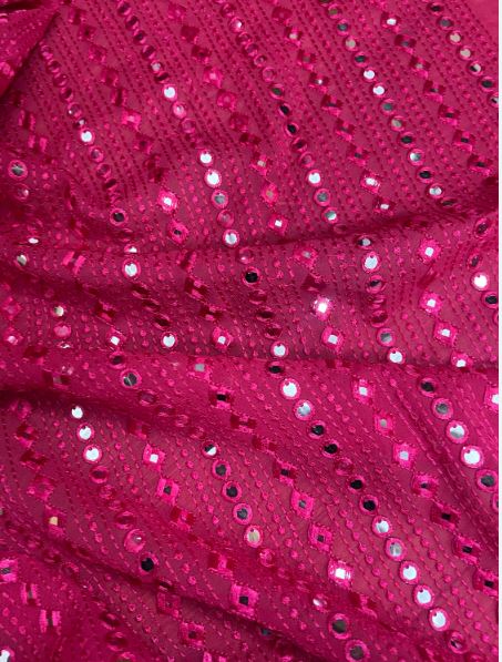 Fuchsia Georgette Foil Mirror Embroidered Fabric, Bridal Wedding Dress Fabric, Multiple lengths will come in the continuous piece - NF504