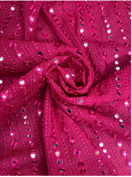 Fuchsia Georgette Foil Mirror Embroidered Fabric, Bridal Wedding Dress Fabric, Multiple lengths will come in the continuous piece - NF504