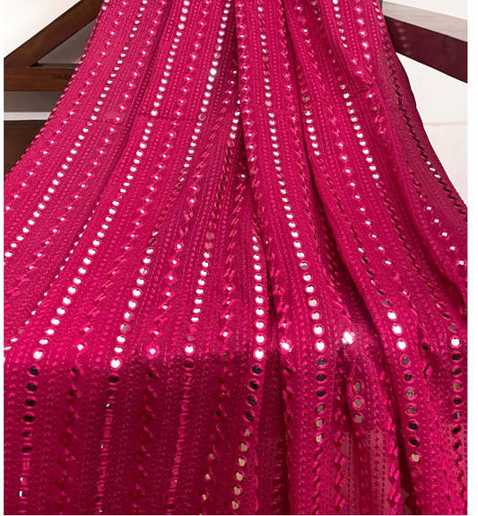 Fuchsia embroidered fabric, Georgette foil mirror fabric, Gold fabric, Wedding inspiration, Bridesmaid dress, Fashion fabric, Indian fabric, Thread embroidery - NFAF504