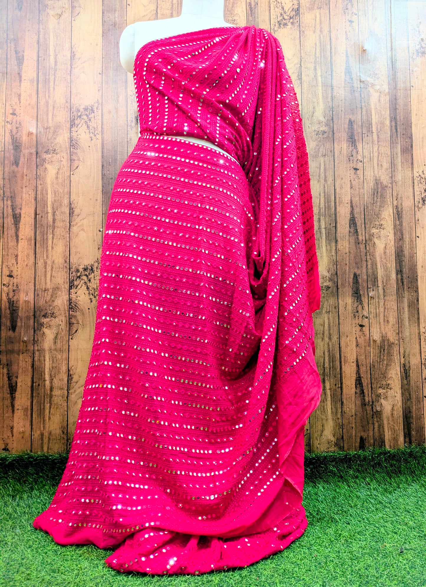 Fuchsia embroidered fabric, Georgette foil mirror fabric, Gold fabric, Wedding inspiration, Bridesmaid dress, Fashion fabric, Indian fabric, Thread embroidery - NFAF504