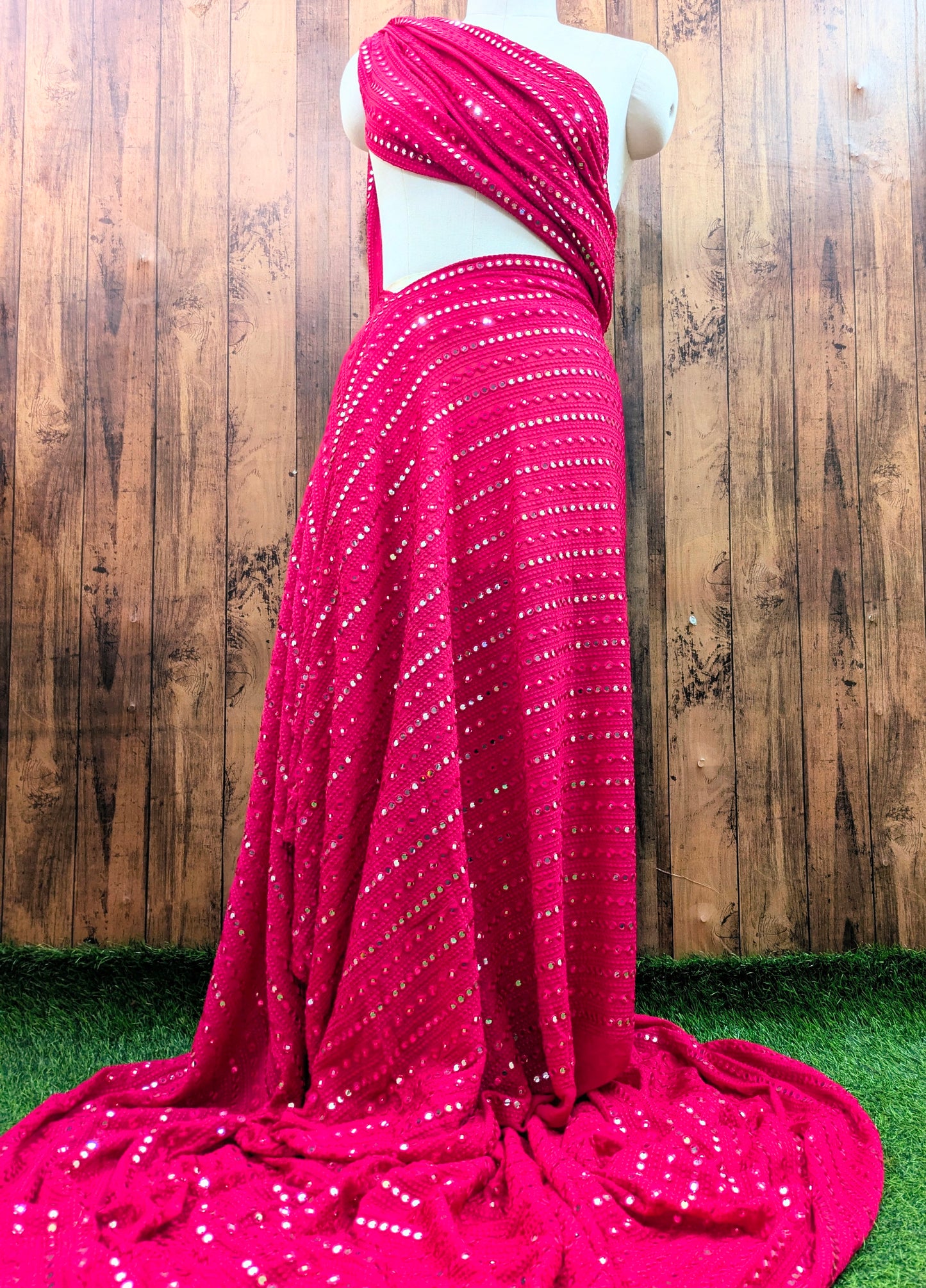 Fuchsia embroidered fabric, Georgette foil mirror fabric, Gold fabric, Wedding inspiration, Bridesmaid dress, Fashion fabric, Indian fabric, Thread embroidery - NFAF504