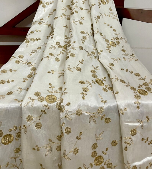 White & gold embroidered fabric, Royal fabric, Wedding dress, Bridesmaid dress, Luxury fabric, Gold flower, Thread embroidery, Fabric store - NFAF506