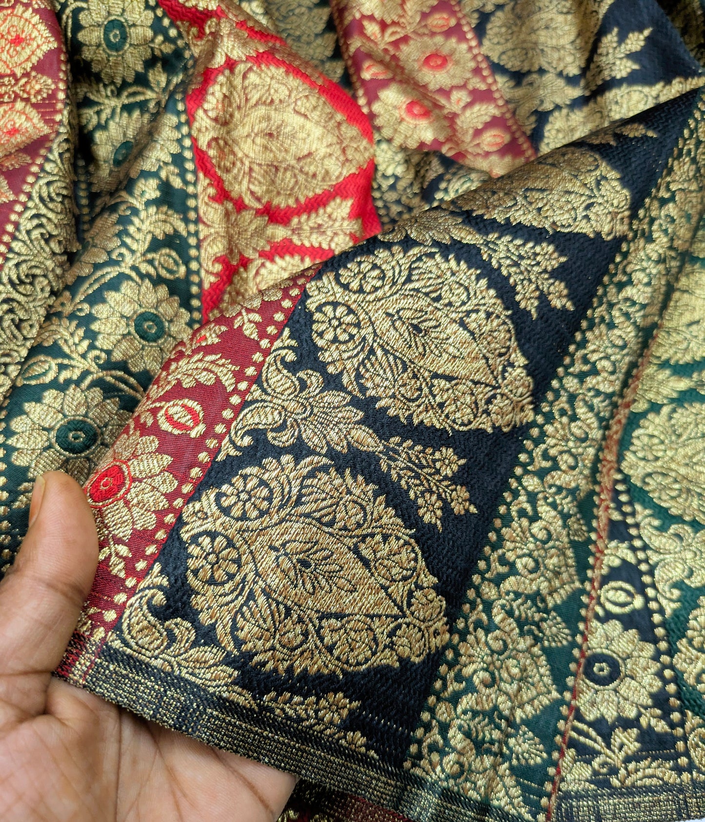 Green Red and Gold Damask Jacquard Brocade Fabric Gold brocade fabric Medieval fabric Wedding Dress Brocade Fabric by the yard -NFAF517