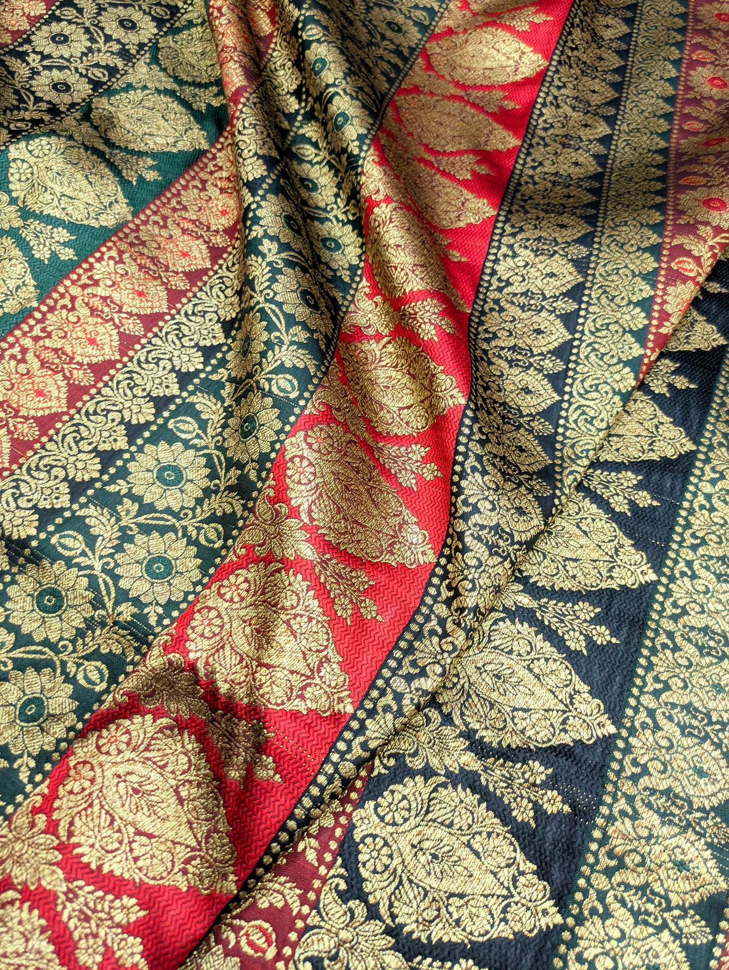 Green Red and Gold Damask Jacquard Brocade Fabric Gold brocade fabric Medieval fabric Wedding Dress Brocade Fabric by the yard -NFAF517