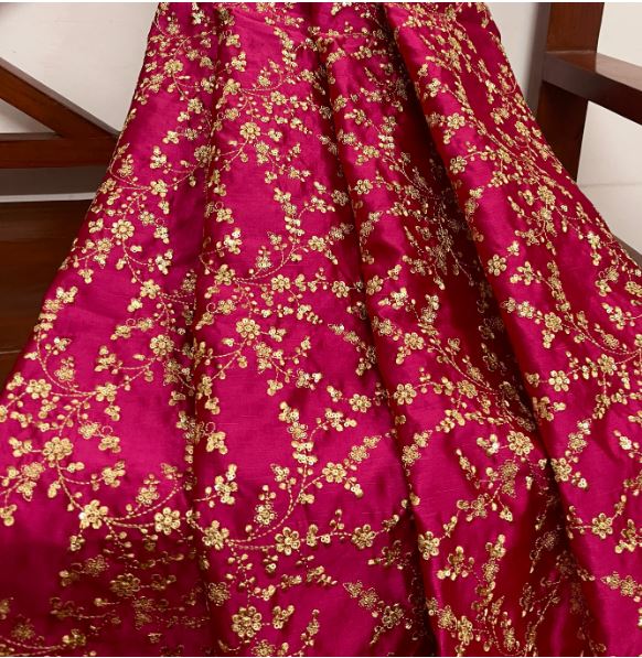 Indian Embroidered Fabric in Fuchsia and Gold color, Multiple lengths will come in the continuous piece - NF518