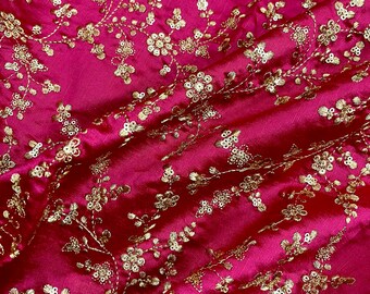 Indian Embroidered Fabric in Fuchsia and Gold color, Multiple lengths will come in the continuous piece - NF518