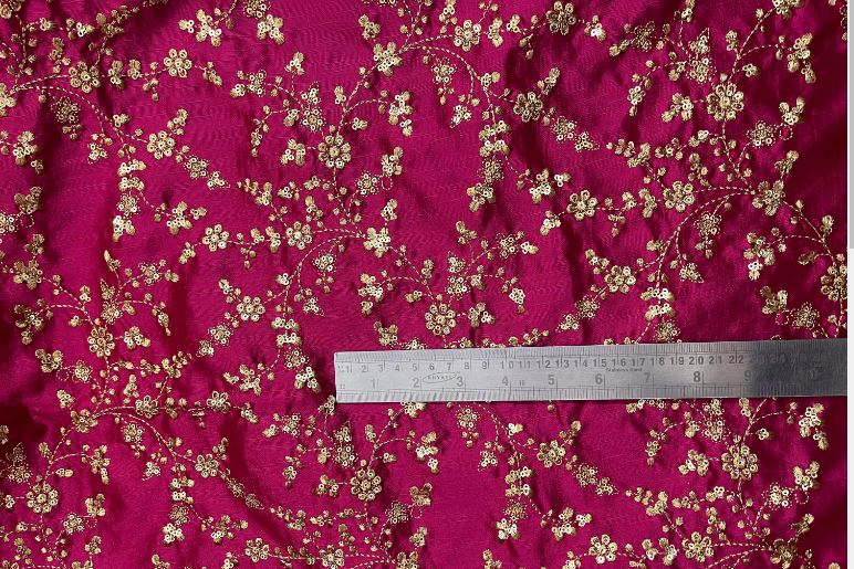 Indian Embroidered Fabric in Fuchsia and Gold color, Multiple lengths will come in the continuous piece - NF518