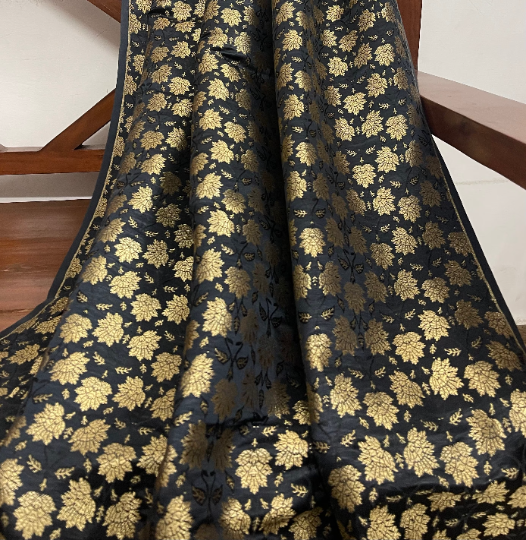 Indian Banarasi Brocade Fabric in Black and Gold color, Multiple lengths will come in the continuous piece - NF525