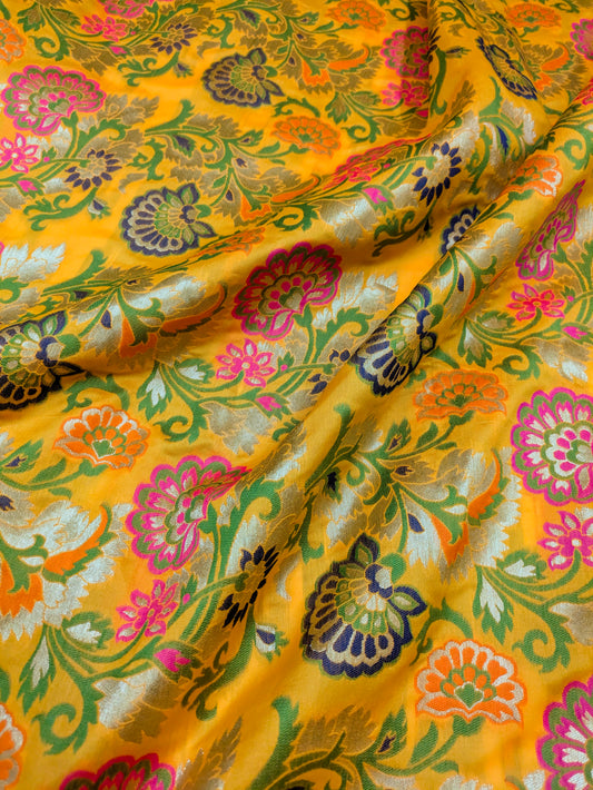 Yellow Green Gold Jacquard Brocader fabric Wedding dress Bridal brocade Indian Lehenga Salwar Suit Fabric by the yard/meter - NFAF528