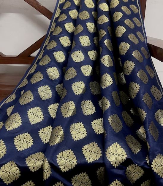 Indian Banarasi Brocade fabric in Blue and Gold color, Multiple lengths will come in the continuous piece - NF532