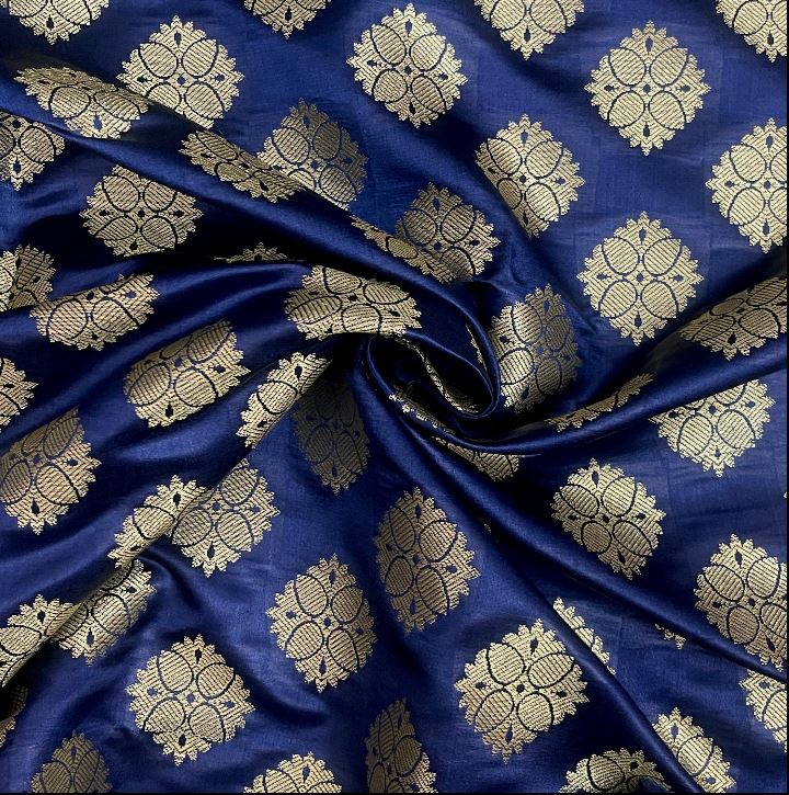 Indian Banarasi Brocade fabric in Blue and Gold color, Multiple lengths will come in the continuous piece - NF532