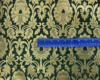 Indian Banarasi Brocade Fabric in Green and Gold color, Multiple lengths will come in the continuous piece - NF542