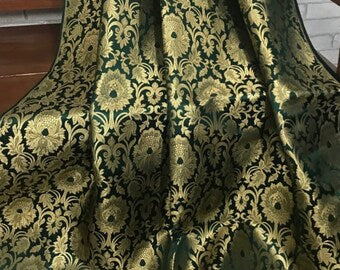 Indian Banarasi Brocade Fabric in Green and Gold color, Multiple lengths will come in the continuous piece - NF542